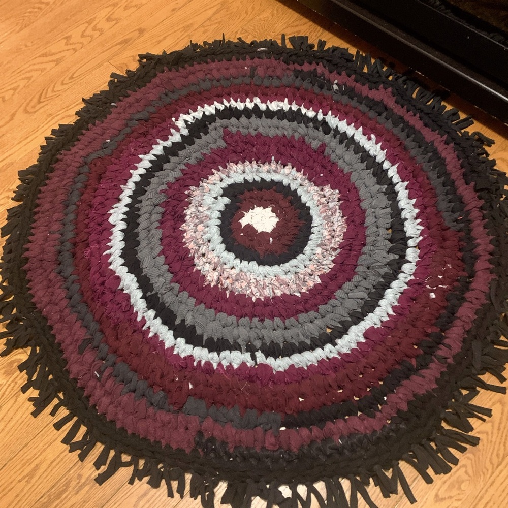 Wine and grey handmade repurposed fabric rug